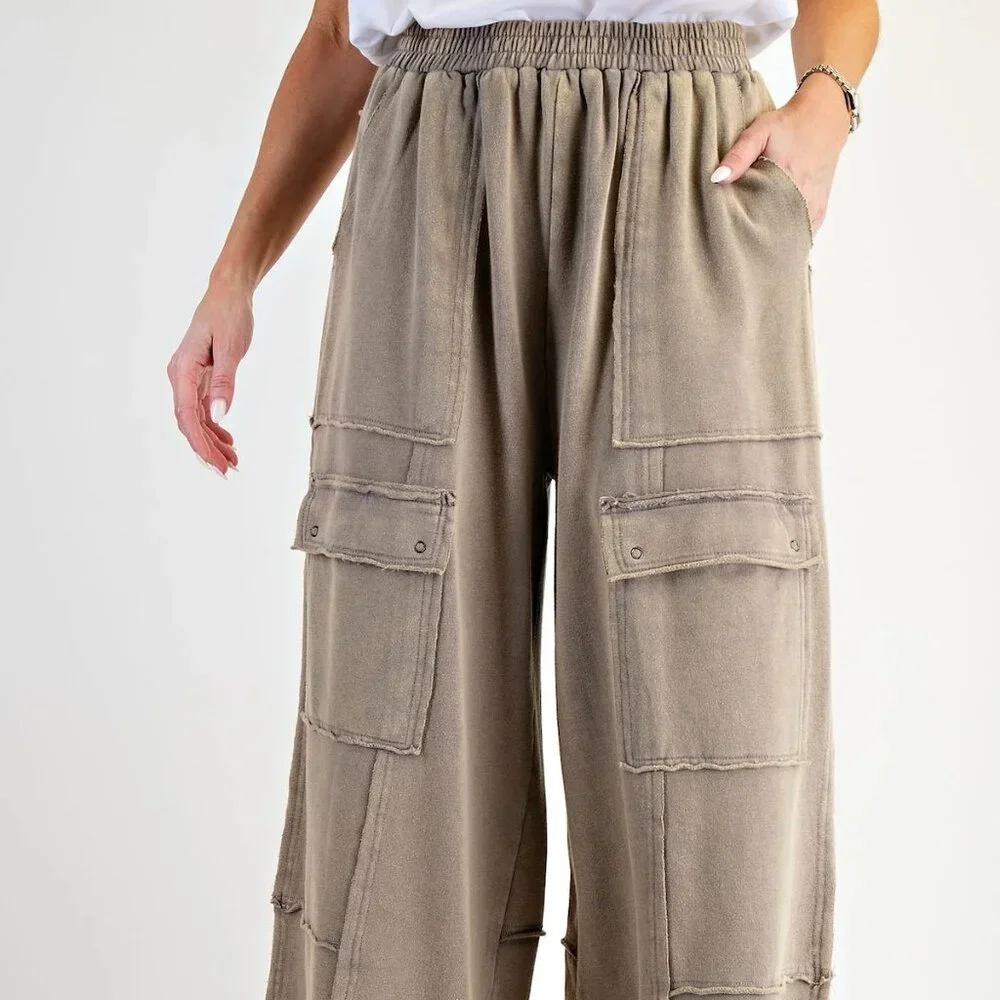 Easel Washed Faded Olive Terry Knit Cargo Pants - Picture 5 of 7